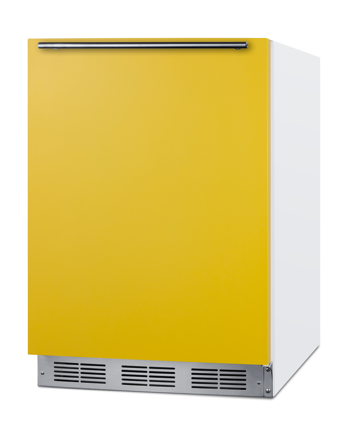 24 in. wide refrigerator-freezer for residential use with a saffron gold door, stainless steel handle, and white cabinet